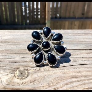 Sterling silver black onyx flower ring